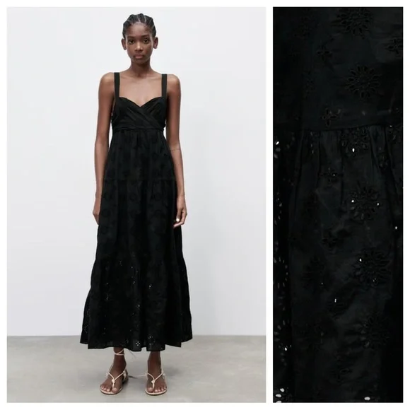 NWT. Zara Black Openwork Crossover V-neck Midi Tank Dress. Size S. - Picture 1 of 13